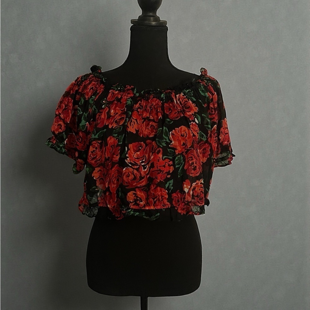 Fashion Passport Vintage Y2K Rose Floral Off Shoulder Crop Top Large - Picture 2 of 5